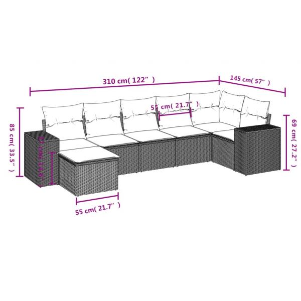 7-tlg. Garten-Sofagarnitur mit Kissen Grau Poly Rattan