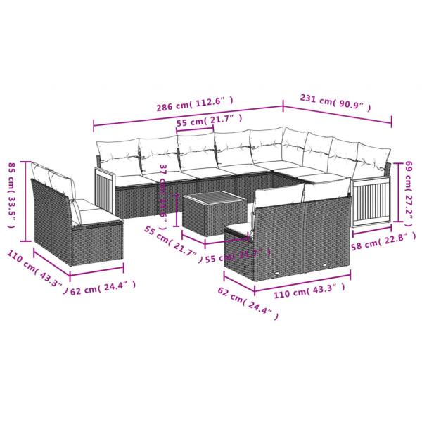 13-tlg. Garten-Sofagarnitur mit Kissen Grau Poly Rattan