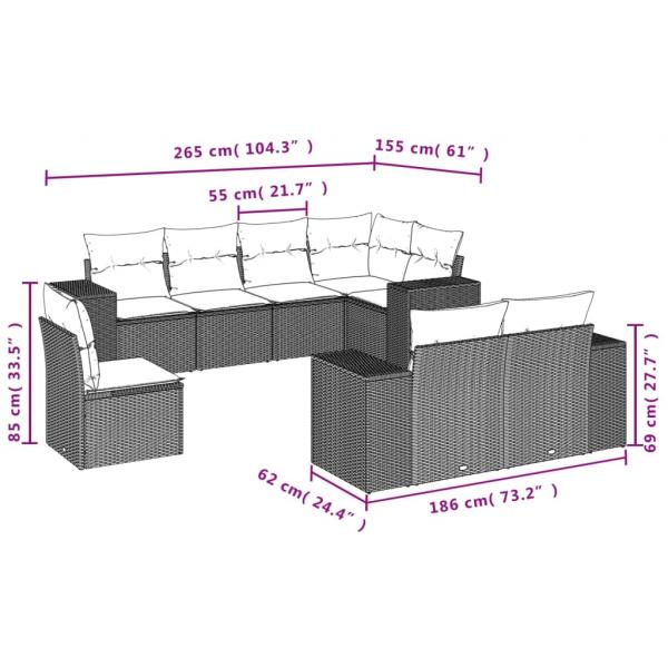 8-tlg. Garten-Sofagarnitur mit Kissen Grau Poly Rattan