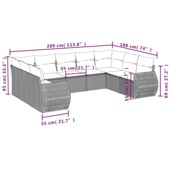 9-tlg. Garten-Sofagarnitur mit Kissen Grau Poly Rattan