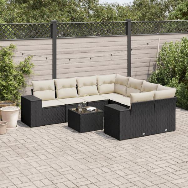 ARDEBO.de - 9-tlg. Garten-Sofagarnitur mit Kissen Schwarz Poly Rattan