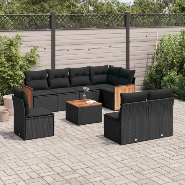 ARDEBO.de - 9-tlg. Garten-Sofagarnitur mit Kissen Schwarz Poly Rattan