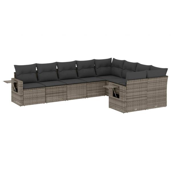 9-tlg. Garten-Sofagarnitur mit Kissen Grau Poly Rattan