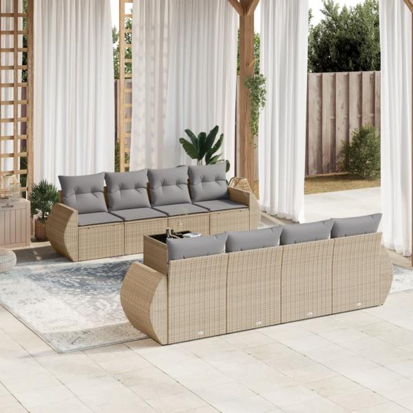 ARDEBO.de - 9-tlg. Garten-Sofagarnitur mit Kissen Beige Poly Rattan