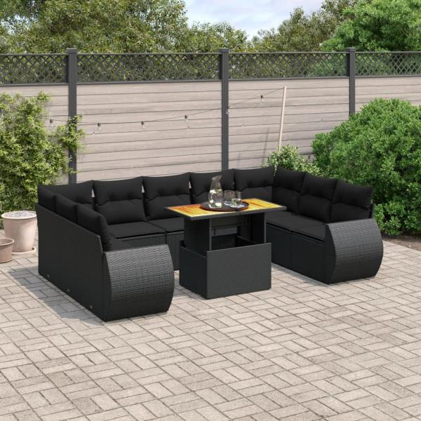 ARDEBO.de - 10-tlg. Garten-Sofagarnitur mit Kissen Schwarz Poly Rattan