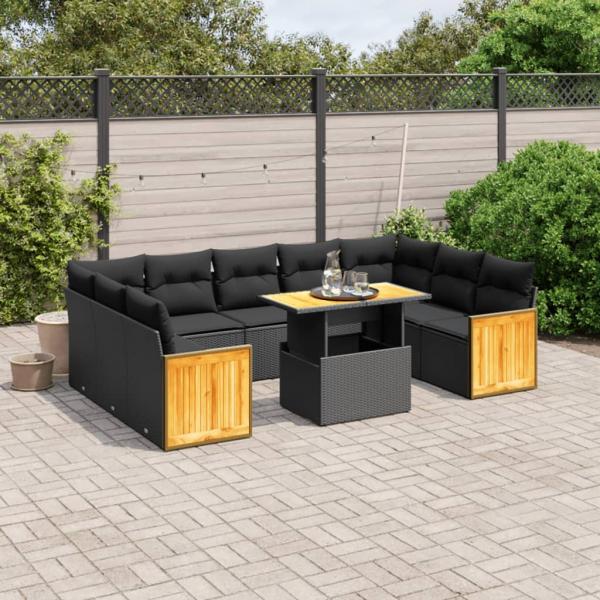 ARDEBO.de - 10-tlg. Garten-Sofagarnitur mit Kissen Schwarz Poly Rattan