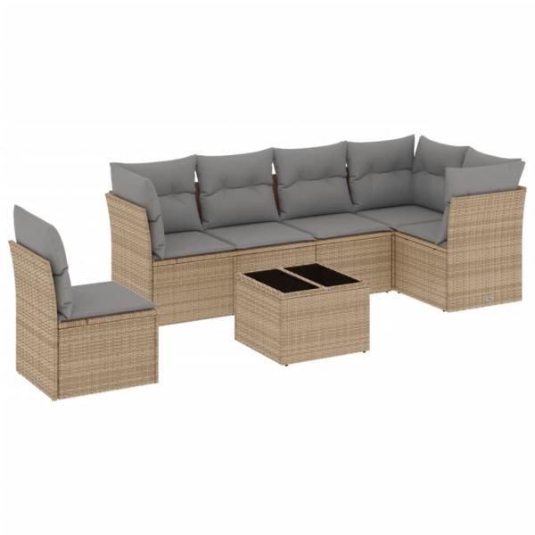 7-tlg. Garten-Sofagarnitur mit Kissen Beige Poly Rattan