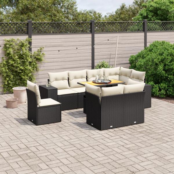 ARDEBO.de - 9-tlg. Garten-Sofagarnitur mit Kissen Schwarz Poly Rattan