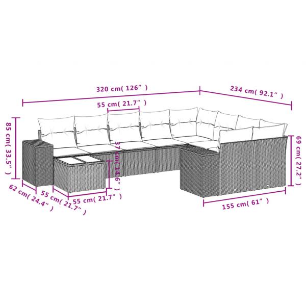 10-tlg. Garten-Sofagarnitur mit Kissen Schwarz Poly Rattan