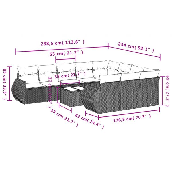 11-tlg. Garten-Sofagarnitur mit Kissen Schwarz Poly Rattan