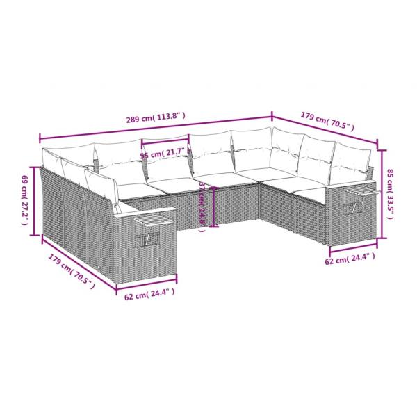 9-tlg. Garten-Sofagarnitur mit Kissen Grau Poly Rattan