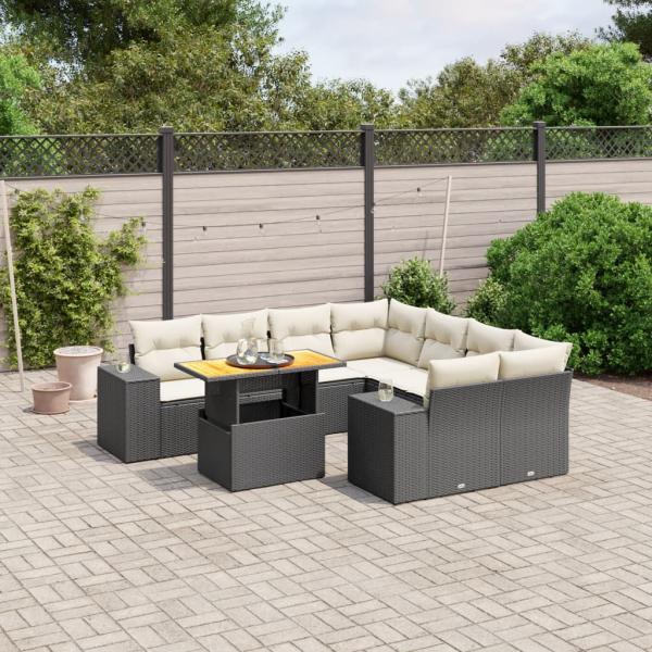 ARDEBO.de - 9-tlg. Garten-Sofagarnitur mit Kissen Schwarz Poly Rattan