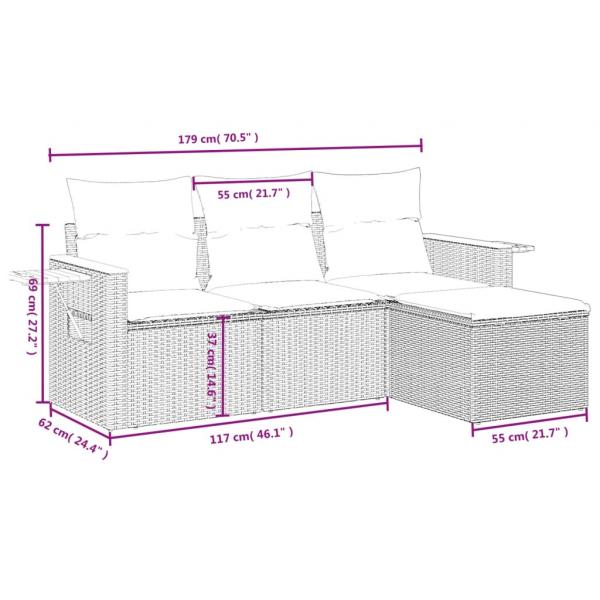 4-tlg. Garten-Sofagarnitur mit Kissen Grau Poly Rattan