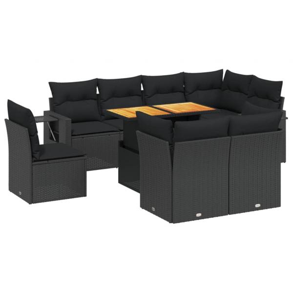 9-tlg. Garten-Sofagarnitur mit Kissen Schwarz Poly Rattan