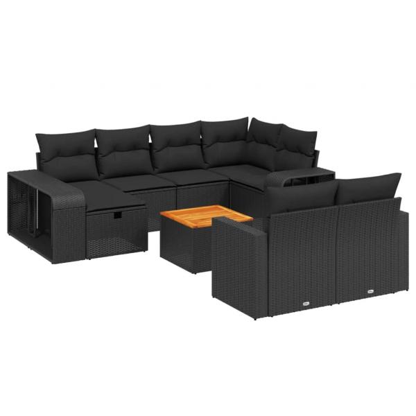 11-tlg. Garten-Sofagarnitur mit Kissen Schwarz Poly Rattan