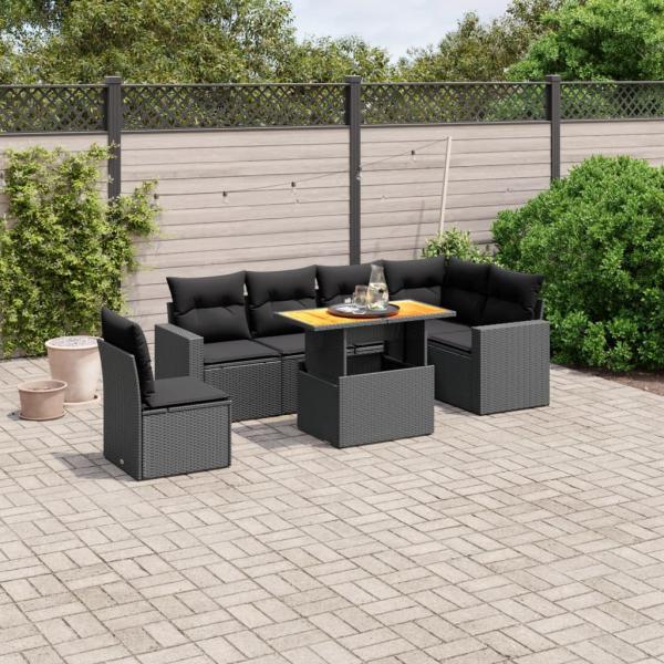 ARDEBO.de - 7-tlg. Garten-Sofagarnitur mit Kissen Schwarz Poly Rattan