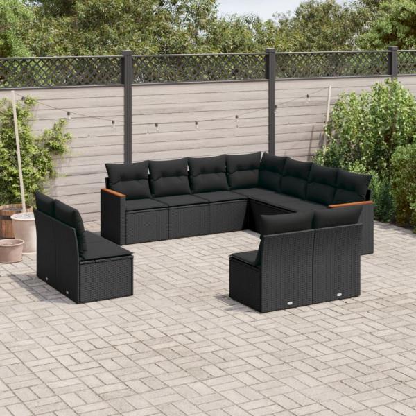 ARDEBO.de - 11-tlg. Garten-Sofagarnitur mit Kissen Schwarz Poly Rattan