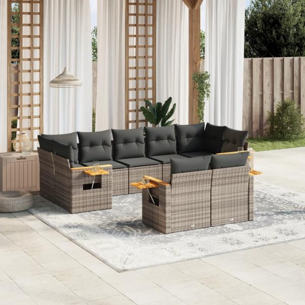 ARDEBO.de - 9-tlg. Garten-Sofagarnitur mit Kissen Grau Poly Rattan