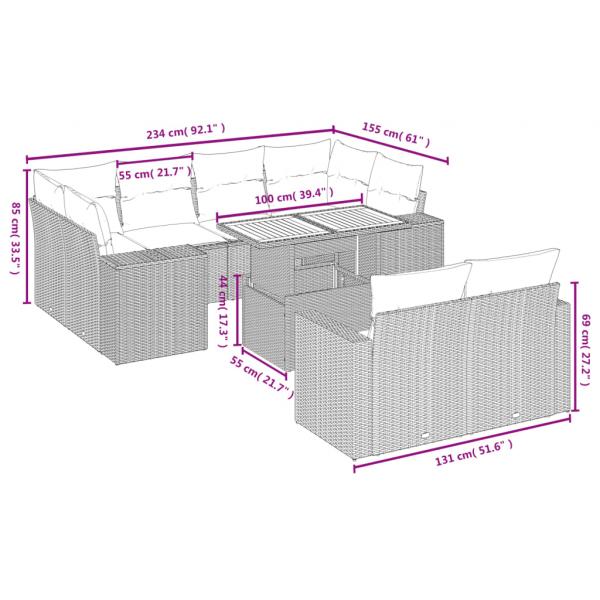 11-tlg. Garten-Sofagarnitur mit Kissen Schwarz Poly Rattan