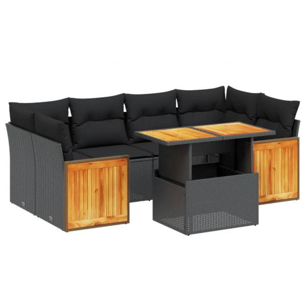 7-tlg. Garten-Sofagarnitur mit Kissen Schwarz Poly Rattan