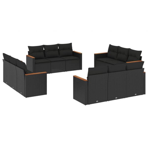 12-tlg. Garten-Sofagarnitur mit Kissen Schwarz Poly Rattan