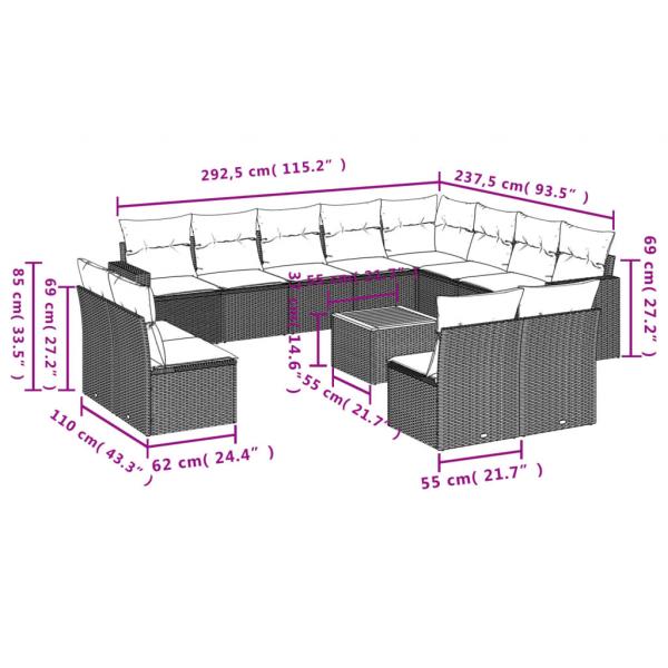 13-tlg. Garten-Sofagarnitur mit Kissen Grau Poly Rattan