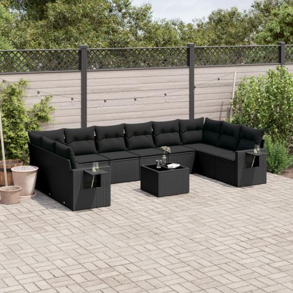 ARDEBO.de - 11-tlg. Garten-Sofagarnitur mit Kissen Schwarz Poly Rattan