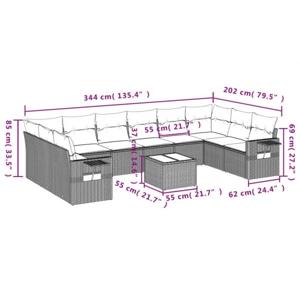 11-tlg. Garten-Sofagarnitur mit Kissen Schwarz Poly Rattan