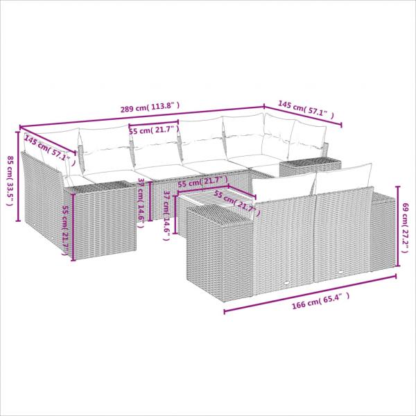 10-tlg. Garten-Sofagarnitur mit Kissen Grau Poly Rattan