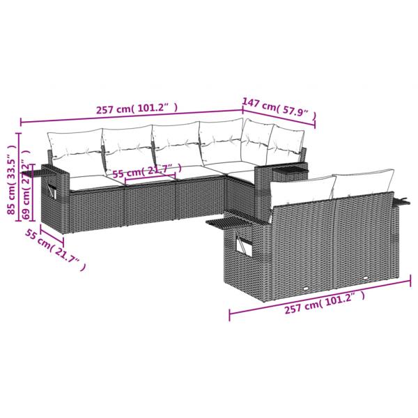 7-tlg. Garten-Sofagarnitur mit Kissen Grau Poly Rattan