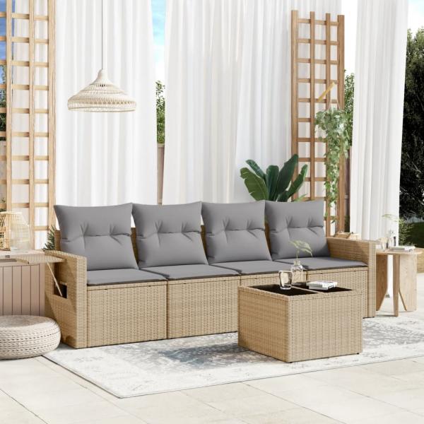 ARDEBO.de - 5-tlg. Garten-Sofagarnitur mit Kissen Beige Poly Rattan