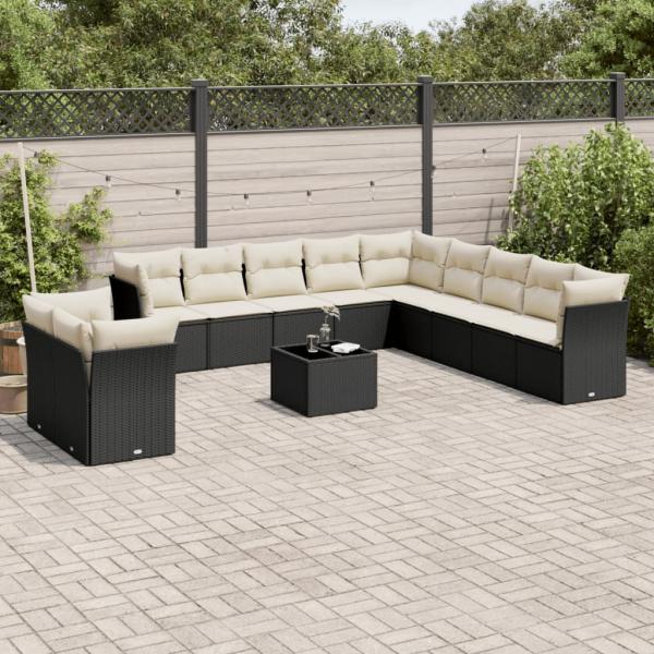 ARDEBO.de - 12-tlg. Garten-Sofagarnitur mit Kissen Schwarz Poly Rattan