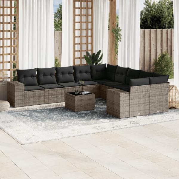 ARDEBO.de - 11-tlg. Garten-Sofagarnitur mit Kissen Grau Poly Rattan