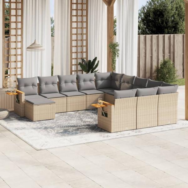 ARDEBO.de - 11-tlg. Garten-Sofagarnitur mit Kissen Beige Poly Rattan