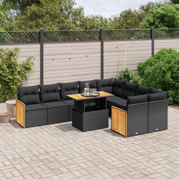 ARDEBO.de - 10-tlg. Garten-Sofagarnitur mit Kissen Schwarz Poly Rattan