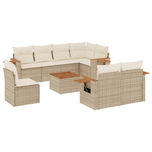 9-tlg. Garten-Sofagarnitur mit Kissen Beige Poly Rattan