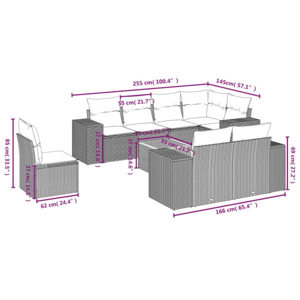 9-tlg. Garten-Sofagarnitur mit Kissen Grau Poly Rattan