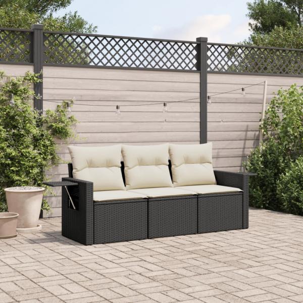 ARDEBO.de - 3-tlg. Garten-Sofagarnitur mit Kissen Schwarz Poly Rattan