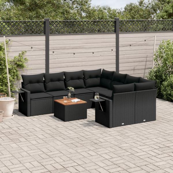 ARDEBO.de - 9-tlg. Garten-Sofagarnitur mit Kissen Schwarz Poly Rattan