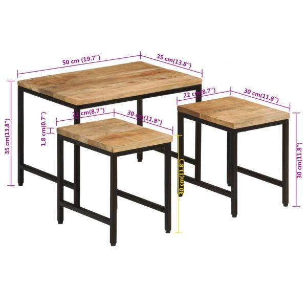 Satztische 3 Stk. Raues Massivholz Mango und Eisen