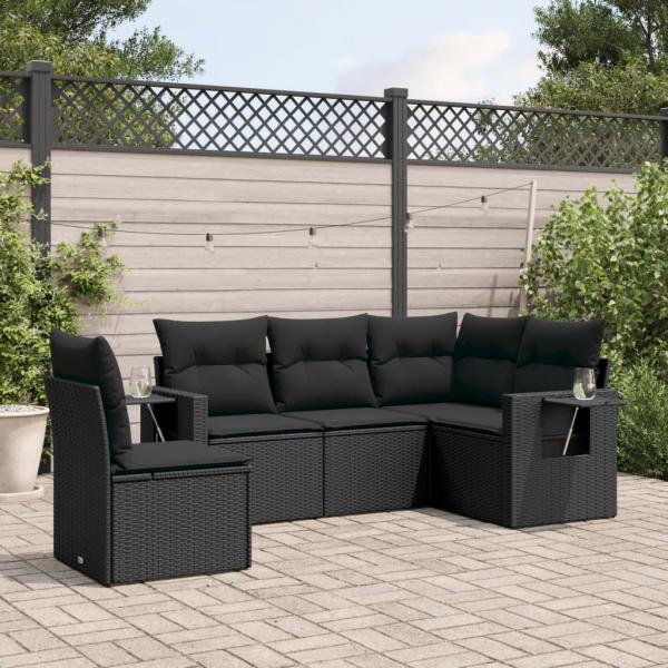 ARDEBO.de - 5-tlg. Garten-Sofagarnitur mit Kissen Schwarz Poly Rattan