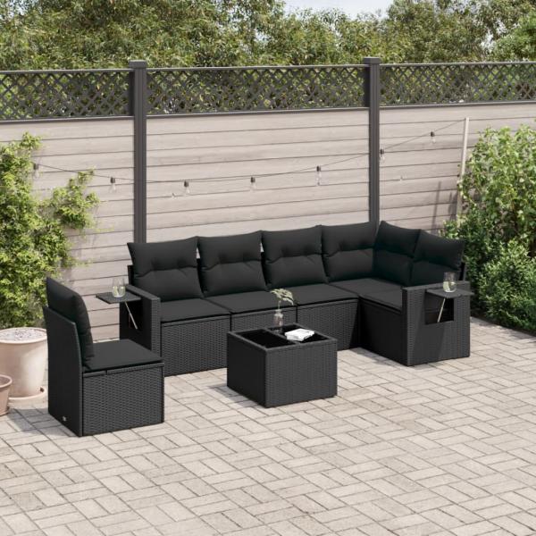 ARDEBO.de - 7-tlg. Garten-Sofagarnitur mit Kissen Schwarz Poly Rattan