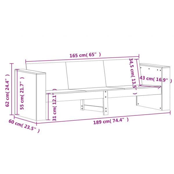 Gartensofa 3-Sitzer Weiß 189x60x62 cm Massivholz Kiefer