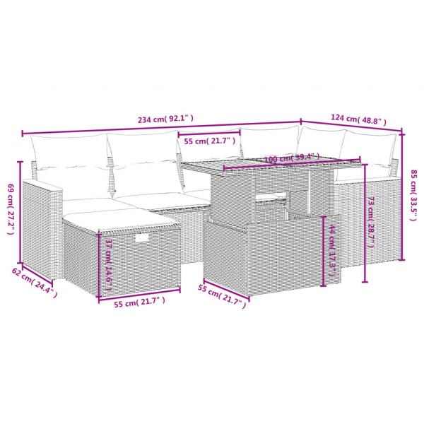 7-tlg. Garten-Sofagarnitur mit Kissen Schwarz Poly Rattan