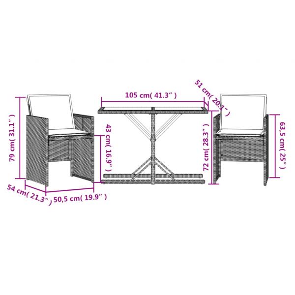 3-tlg. Bistro-Set mit Kissen Schwarz Poly Rattan