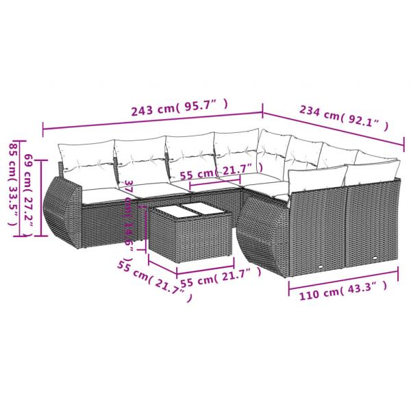 9-tlg. Garten-Sofagarnitur mit Kissen Beige Poly Rattan