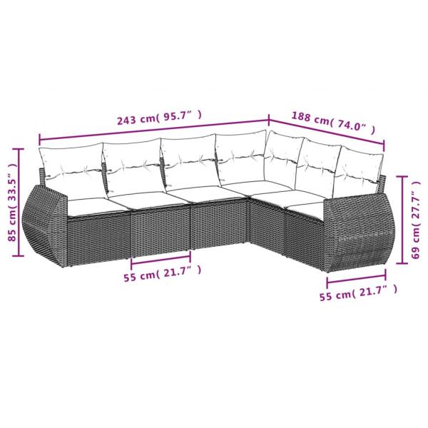 6-tlg. Garten-Sofagarnitur mit Kissen Grau Poly Rattan