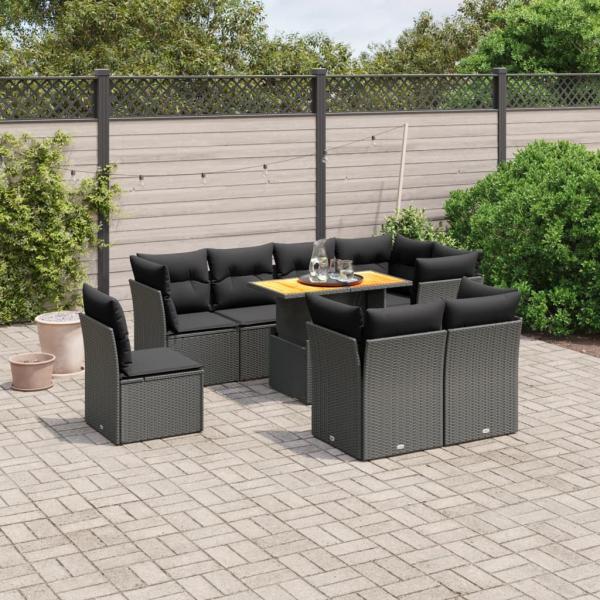 ARDEBO.de - 9-tlg. Garten-Sofagarnitur mit Kissen Schwarz Poly Rattan