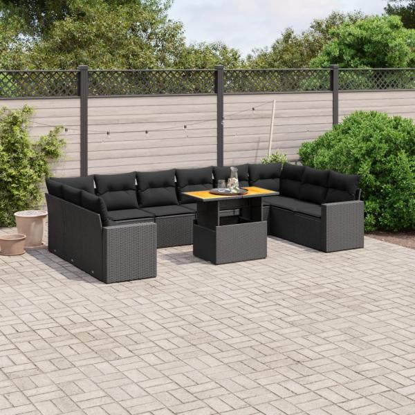 ARDEBO.de - 11-tlg. Garten-Sofagarnitur mit Kissen Schwarz Poly Rattan