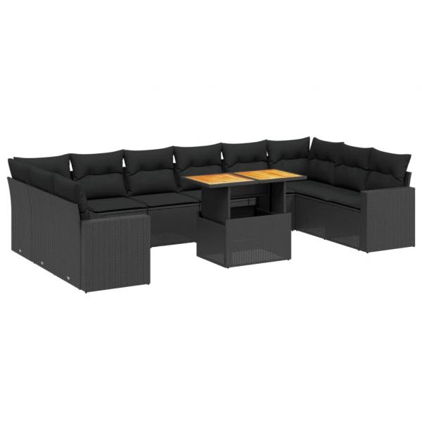 11-tlg. Garten-Sofagarnitur mit Kissen Schwarz Poly Rattan